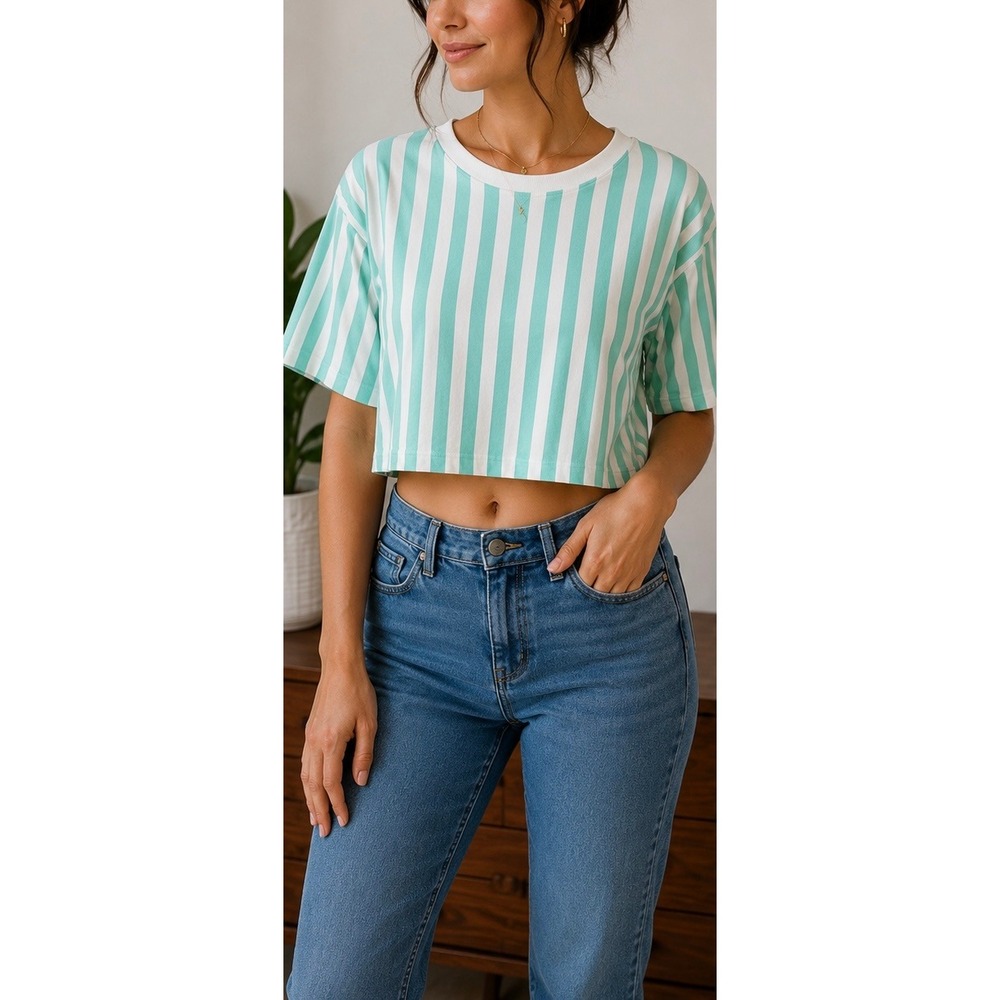 Mint Green White Striped Crop Top Short Sleeve Crew Neck T-Shirt Size-S